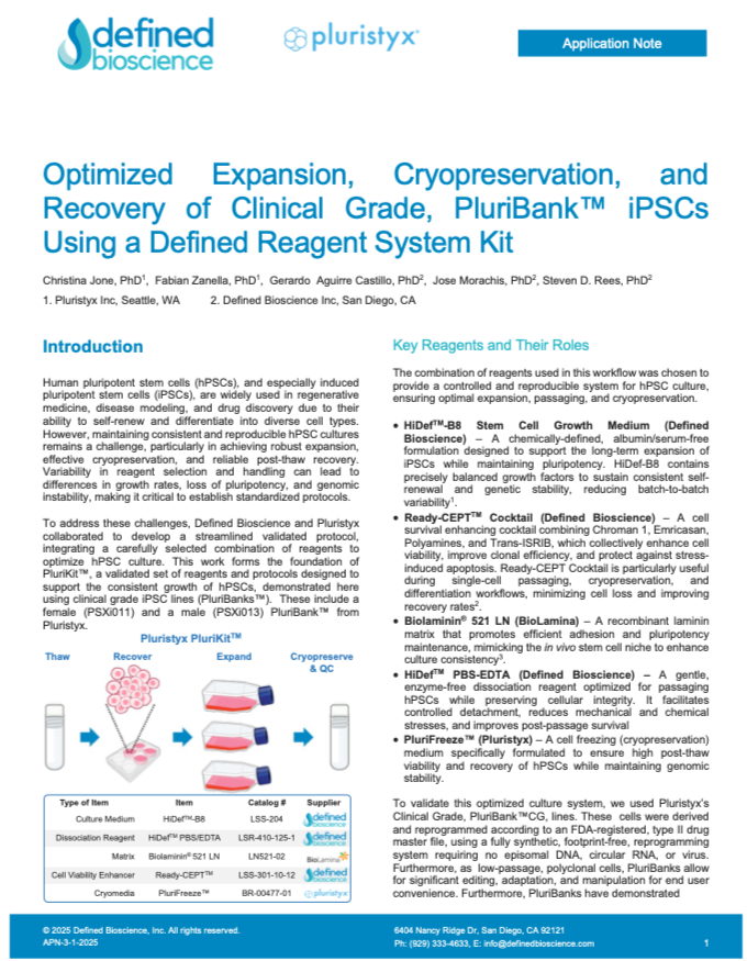 Optimized Expansion, Cryopreservation, and Recovery of Clinical Grade, PluriBank iPSCs Using a Defined Reagent System Kit