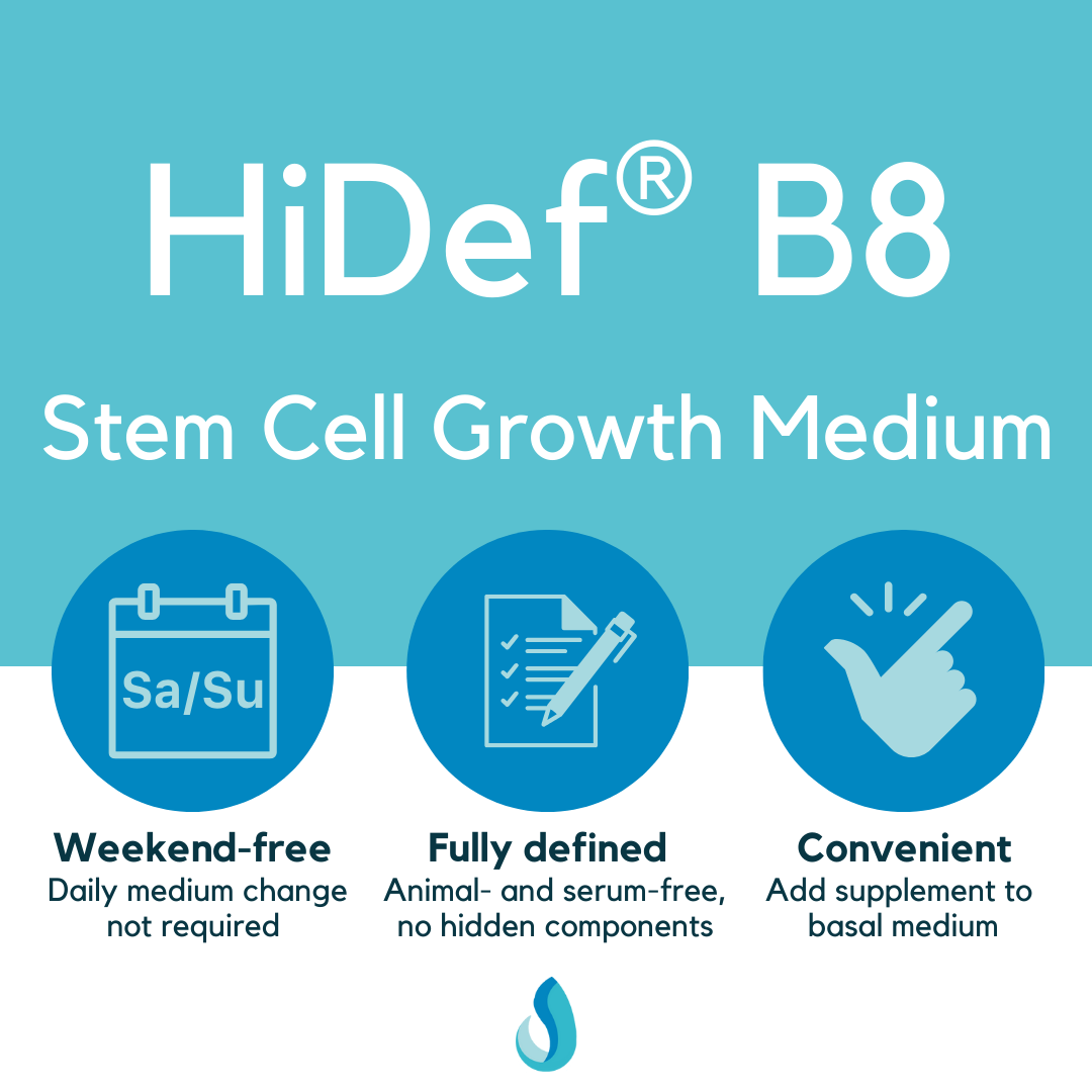 Infographic highlighting weekend-free and GMP-ready benefits of HiDef® B8 stem cell growth medium.